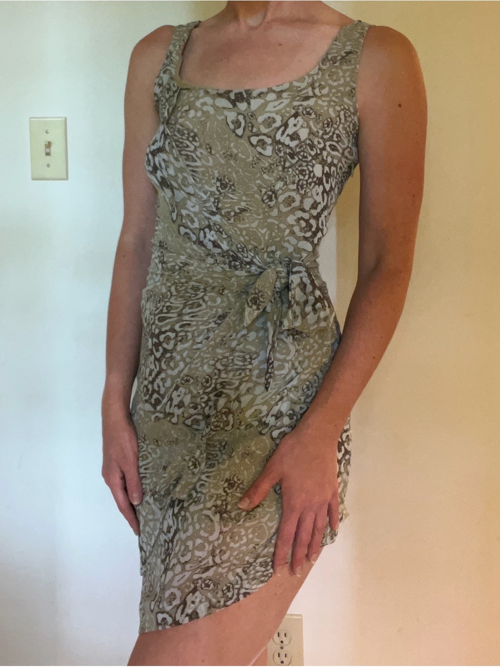 Vintage Sleeveless Olive Green Animal-Print Asymmetrical Wrap Dress, Boho, Small